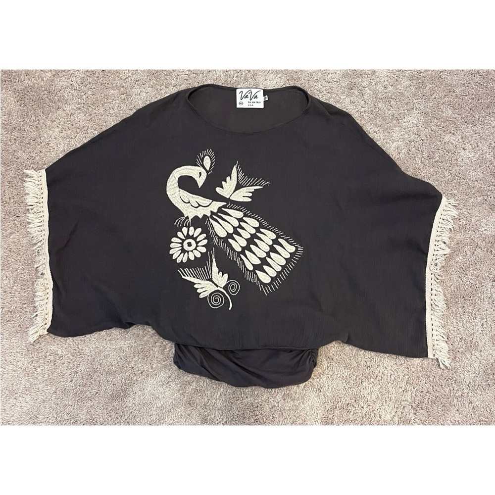 Vintage Va Va by Joy Han Peacock Embroidered Fringe Festival Boho Top Size XS